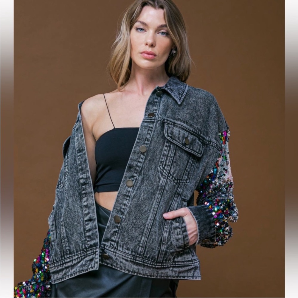 Flying Tomato Sequin Sleeve Denim Jacket Black L New Glam Festival - Picture 3 of 13